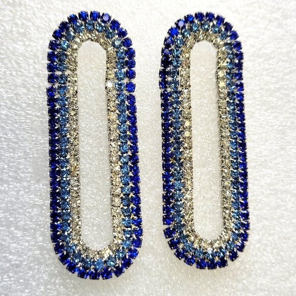 Blue Rhinestones Drop Long Rectangular Earrings - Picture 3 of 7